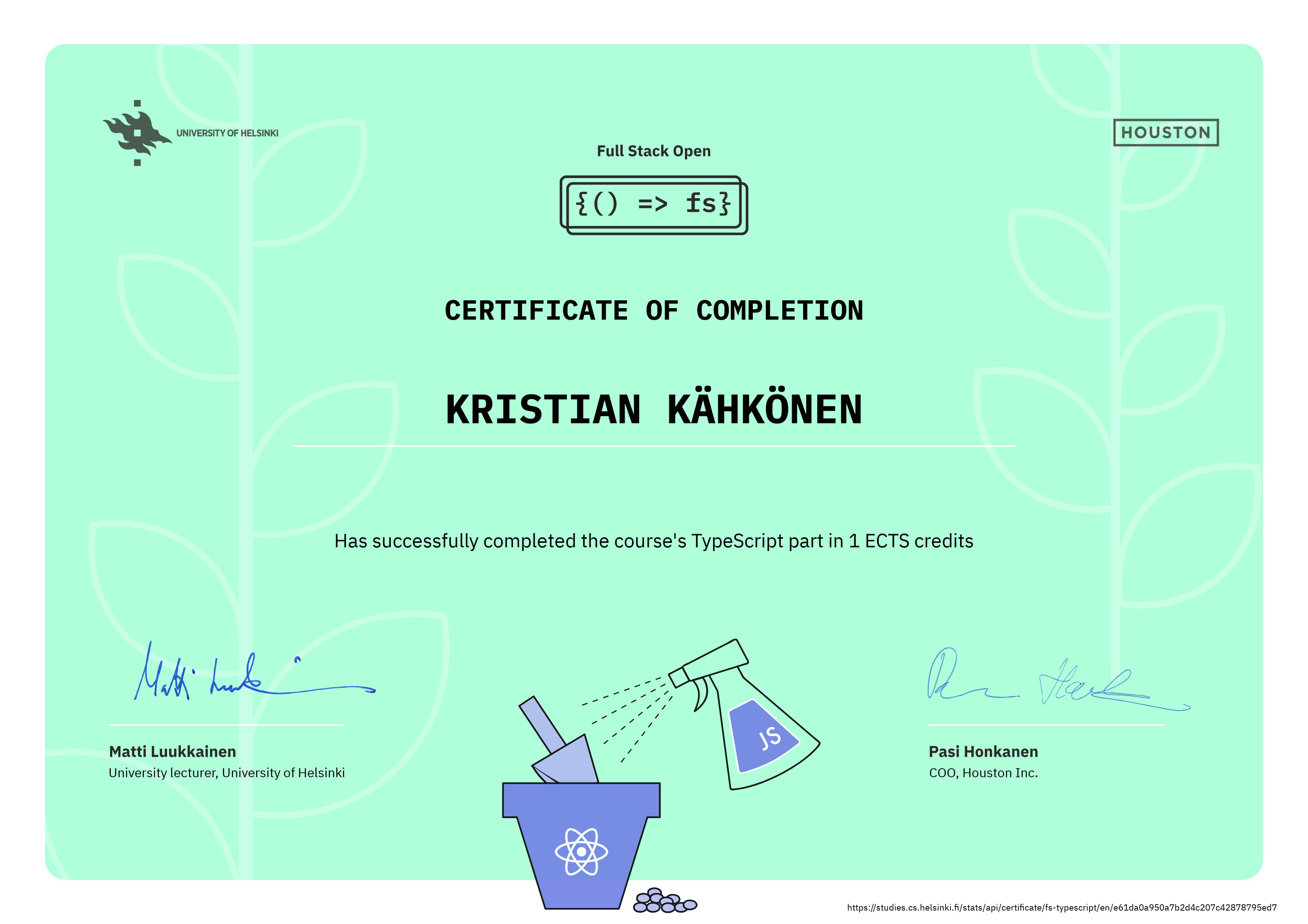 Certificate of Full Stack Open: TypeScript