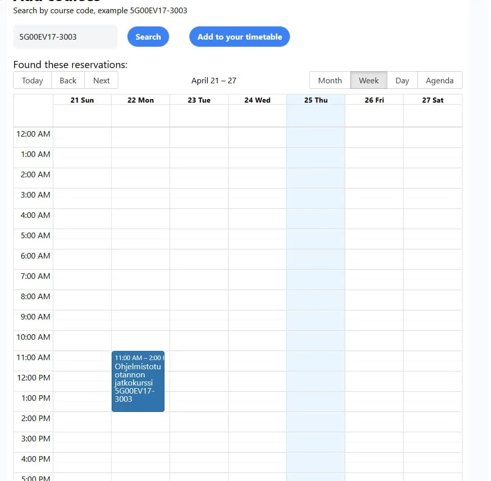Screenshot of Timetable app