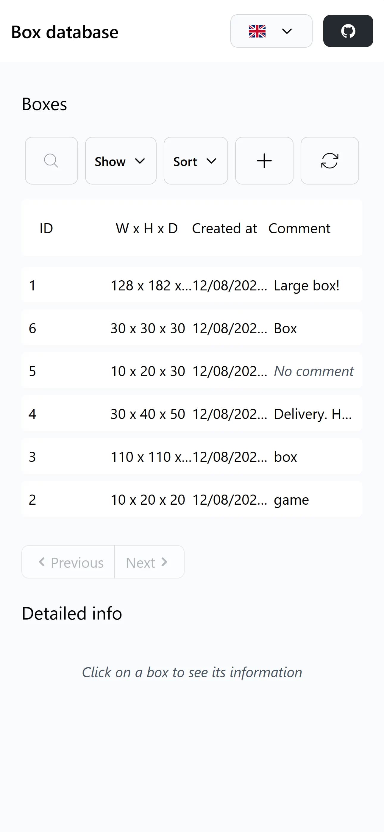 Screenshot of BoxDB app